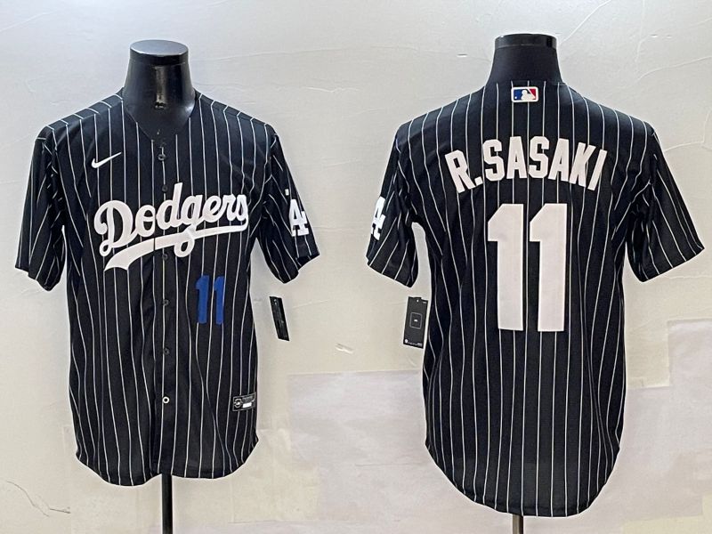 Men Los Angeles Dodgers #11 R.Sasaki Black Stripe Jointly Name 2025 Nike MLB Jersey style 8